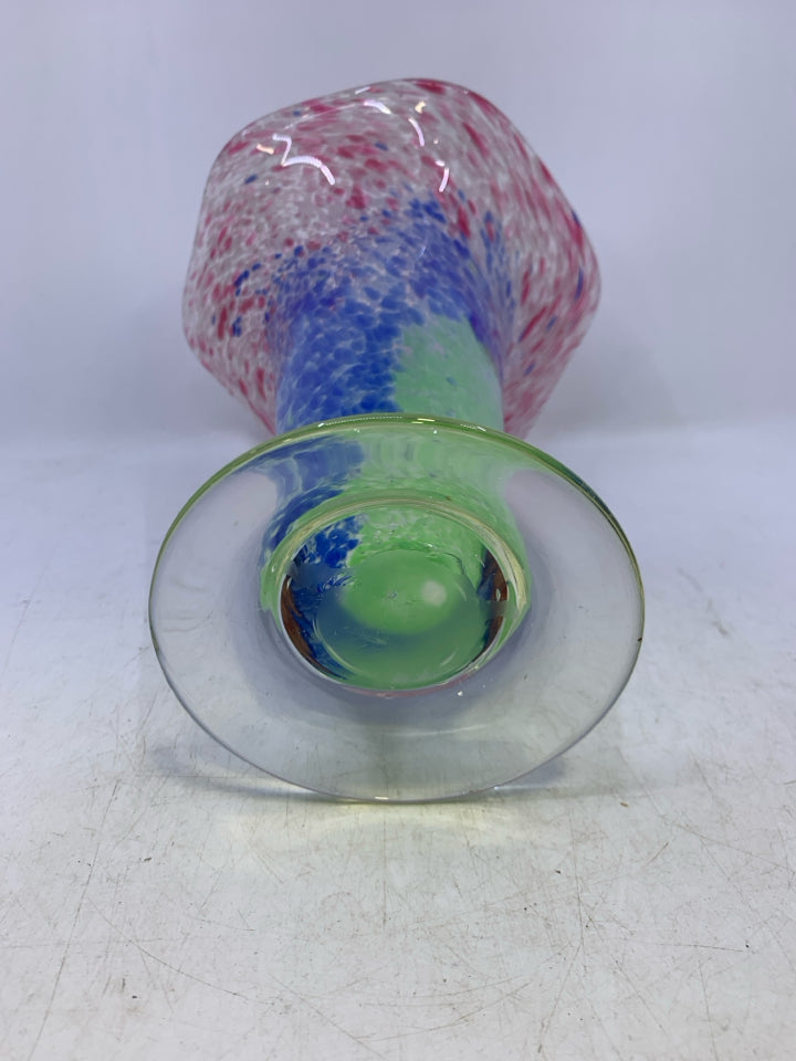 PINK BLUE GREEN FUSED GLASS RUFFLE EDGE VASE.