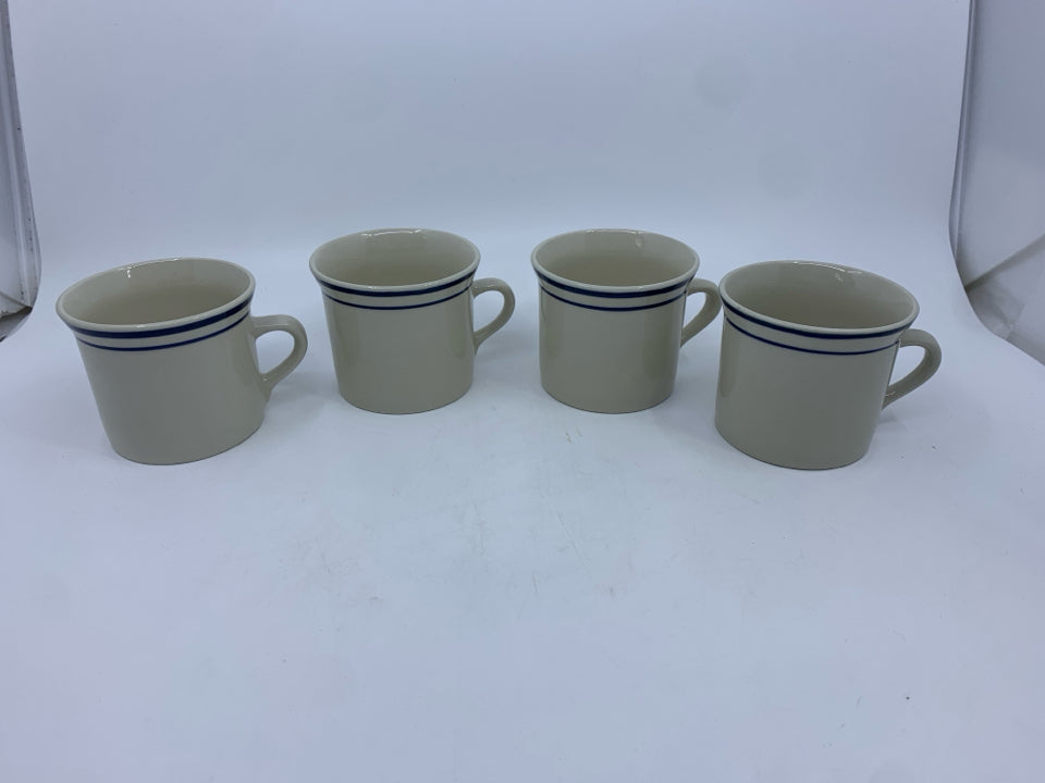 4 COFFEE MUG STONEWARE TWO BLUE STRIPES.