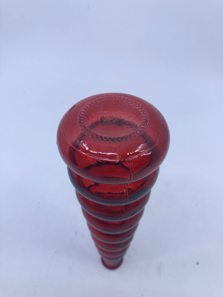 RED GLASS RIBBED BOTTLE W/CORK.