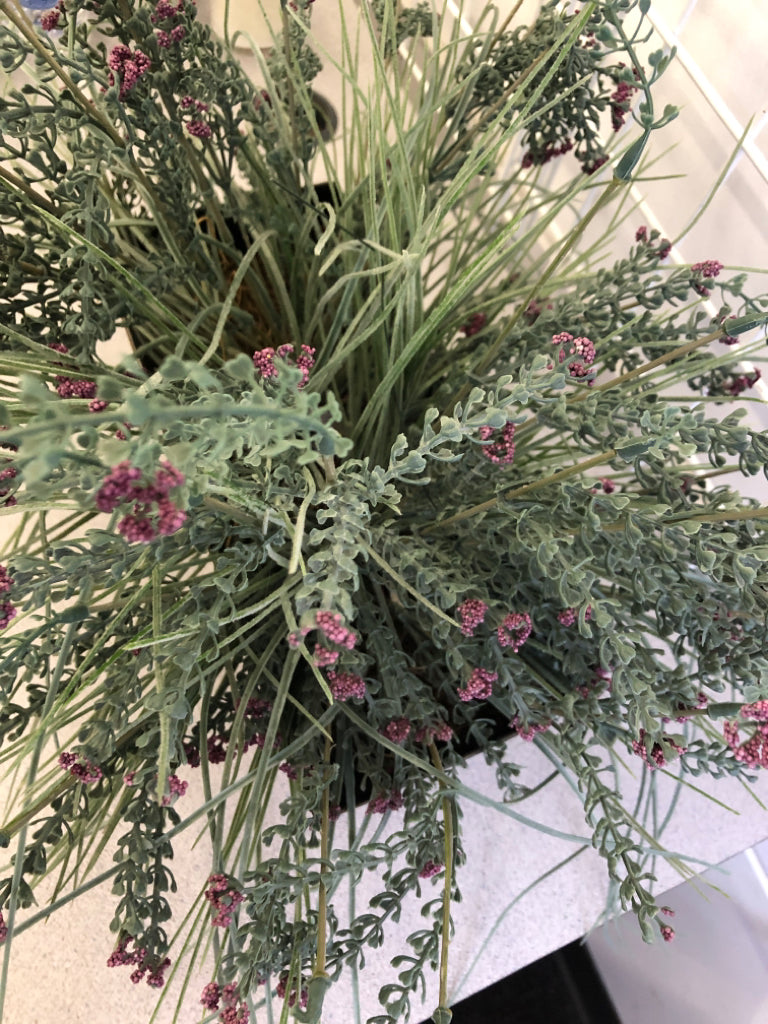 FAUX LAVENDER IN METAL PLANTER.