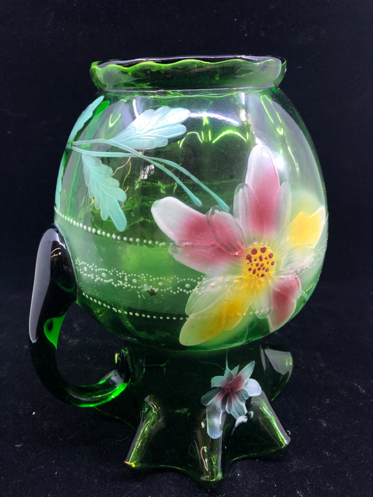 VTG GREEN GLASS PITCHER W PINK AND YELLOW FLROAL.
