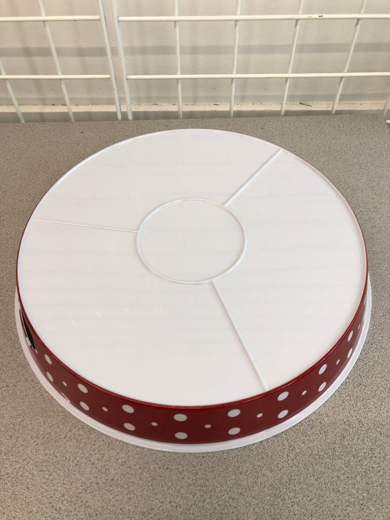 LARGE ROUND TRAY RED WHITE POLKA DOT MELAMINE.