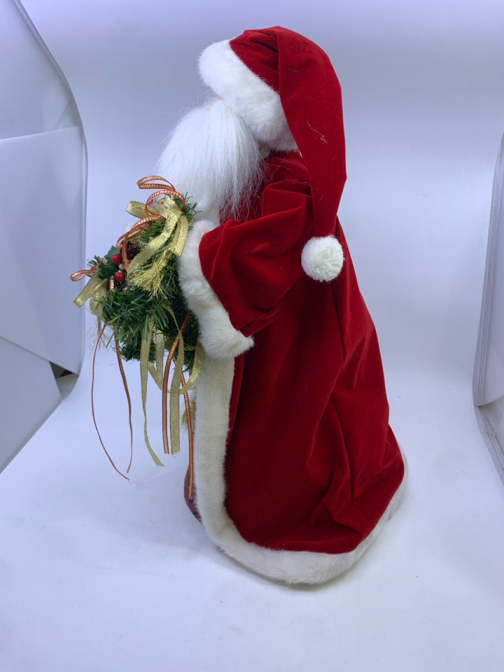 VTG RED SANTA CLAUS HOLDING HOLLY & GOLD GARLAND.