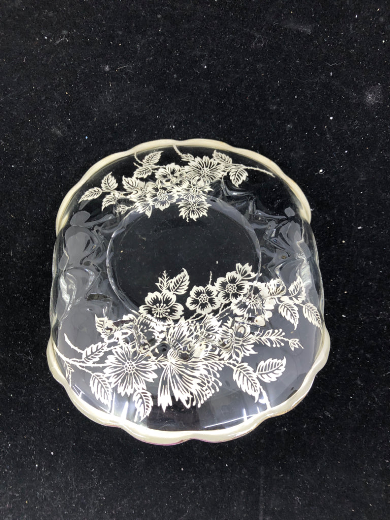 VTG CLEAR PRESSED GLASS WITH SILVER FLORAL PATTERN.
