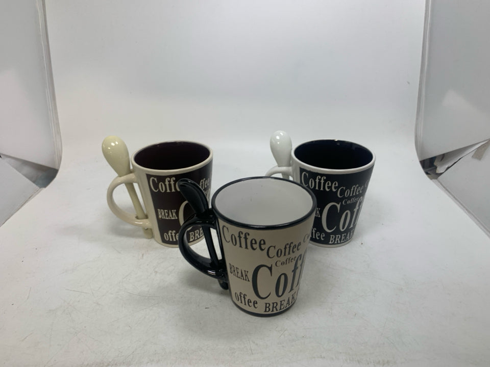 3 ASSORTED COFFEE BREAK MUGS W/ SPOONS.