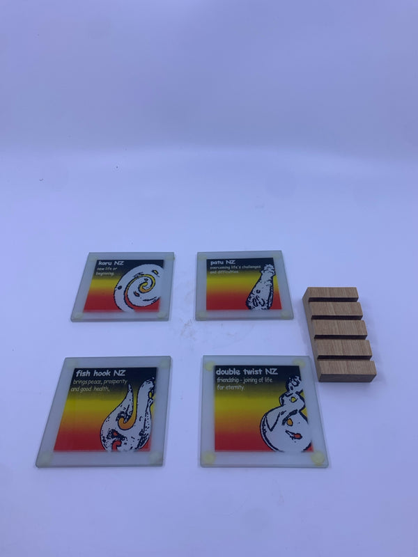 4 NEW ZEALAND COASTERS AND WOOD STAND.