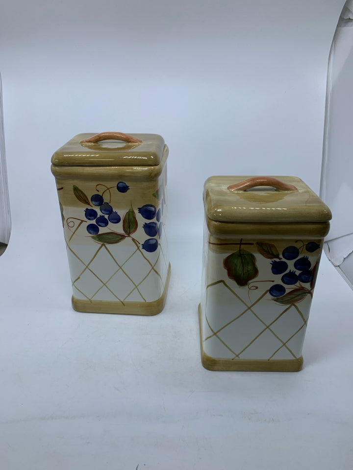 2 CERAMIC SQUARE CANISTERS W/ BLUEBERRIES & ACORNS.