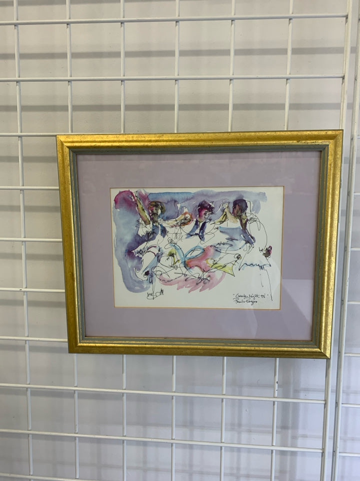 ABSTRACT WATERCOLOR "GREEK NIGHT" - SIGNED + FRAMED.
