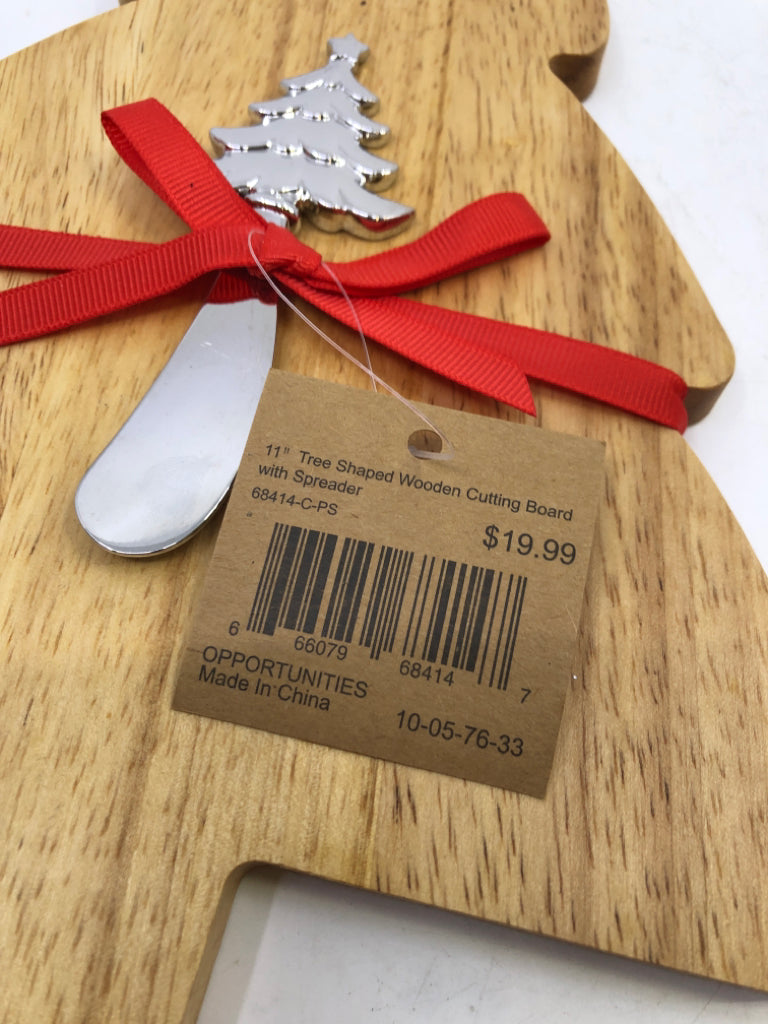 WOOD TREE SHAPED TREE W/ SILVER METAL CHEESE SPREADER.