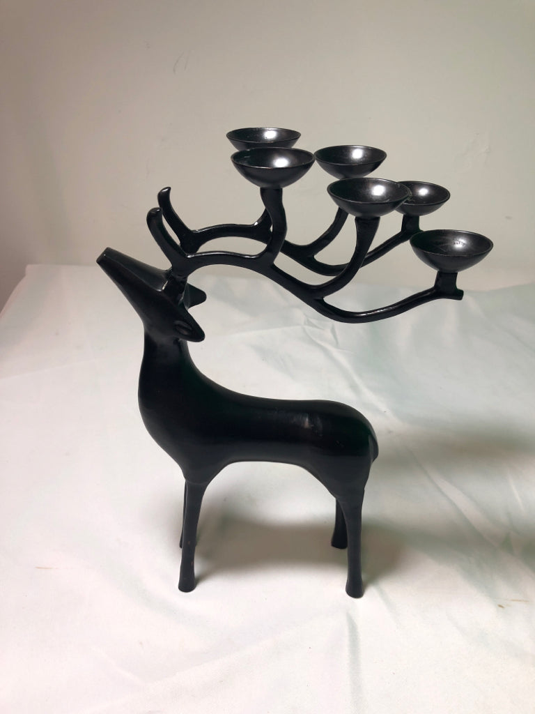 BLACK METAL DEER W/ 6 GREEN CIRCLE CANDLES ON ANTLERS.