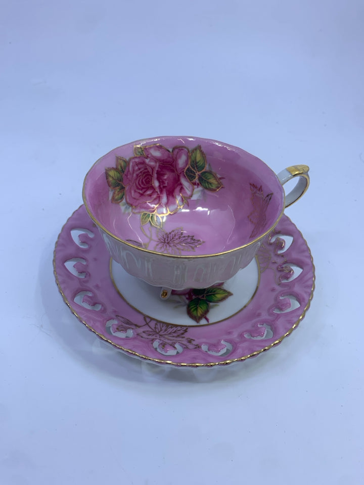 VTG PINK ROSE IRIDESCENT FOOTED TEA CUP& SAUCER.