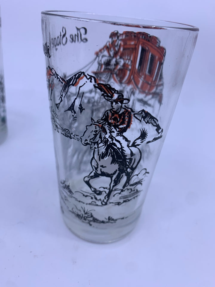 6 VTG TUMBLER GLASSES W SCENES IN GOLD METAL CARRIER.