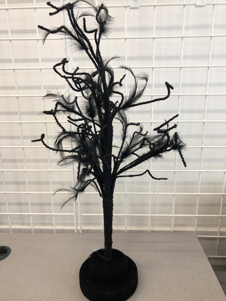 BLACK FELT AND FEATHER TREE.