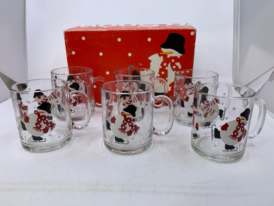 6 SNOWMAN GLASS CUPS- CRATE & BARREL.
