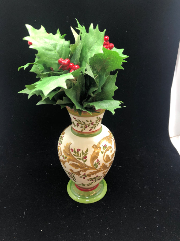 CERAMIC VASE CHRISTMAS BERRY SCROLL W/HOLLY.