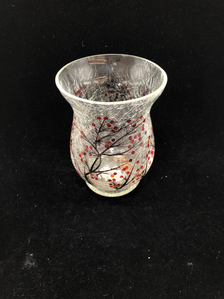 CRACKLE GLASS BERRY BRANCH CANDLE HOLDER.