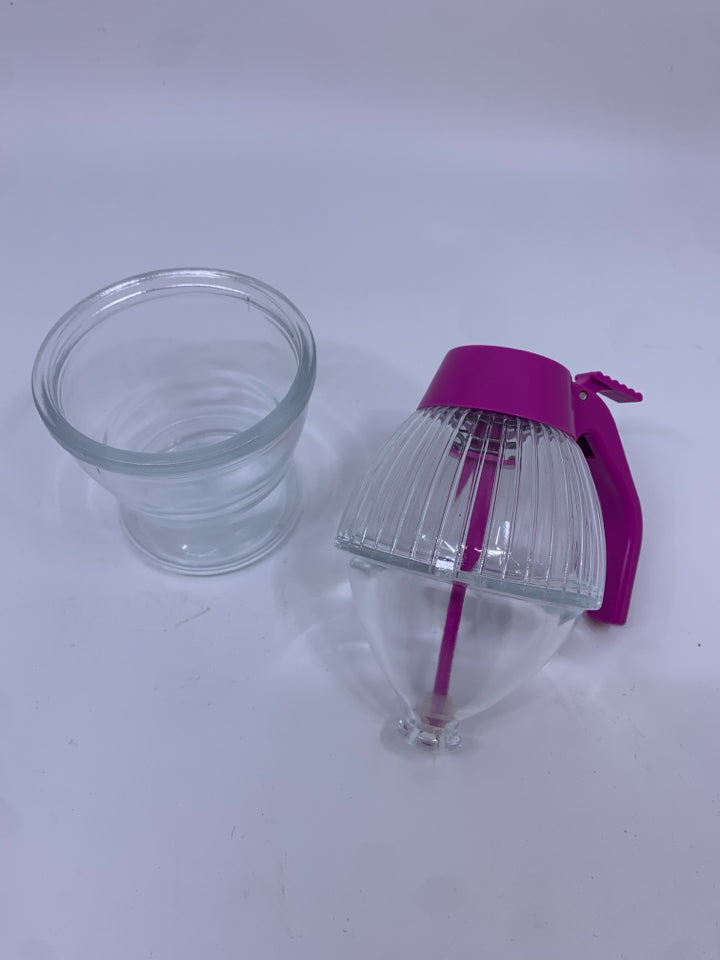 2PC GLASS HONEY/SYRUP DISPENSER W/PURPLE TOP.
