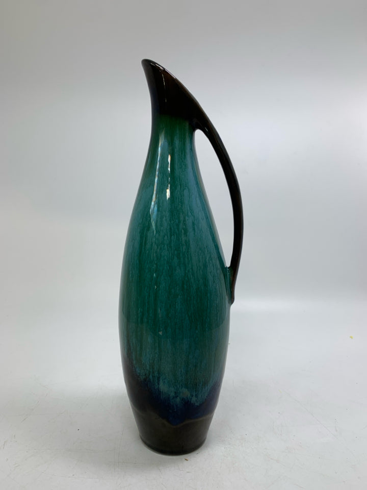 VTG DARK BROWN/TEAL GLAZE DRIP EWER.