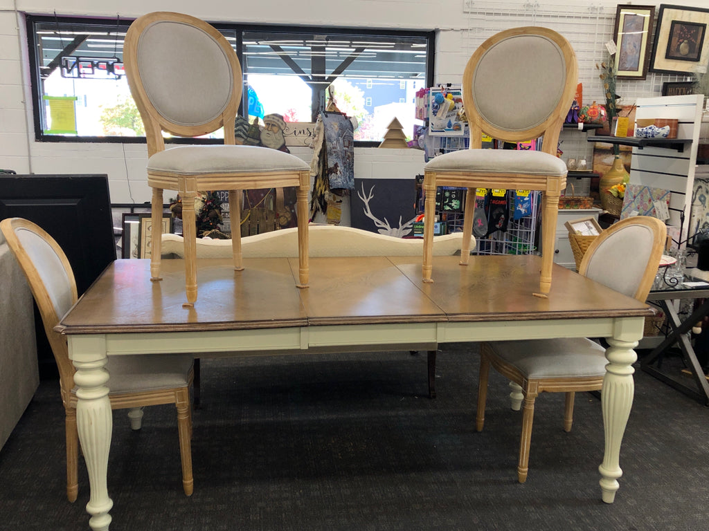TABLE W/CREAM COLOR LEGS+ 4 WOODEN CHAIRS, + LEAF.