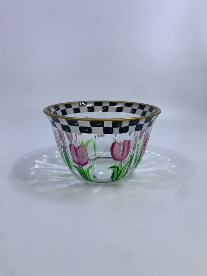 PINK TULIP & CHECKERED PAINTED GLASS BOWL.