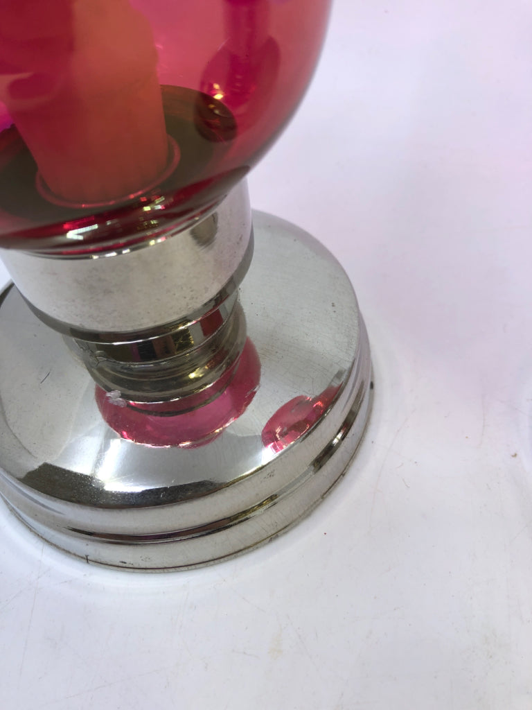 2PC PINK GLASS W/EMBOSSED GRAPES TAPER HOLDERS.