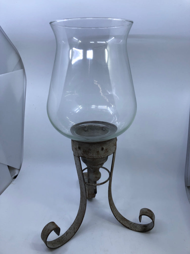 LARGE RUSTIC METAL + GLASS CANDLE HOLDER.