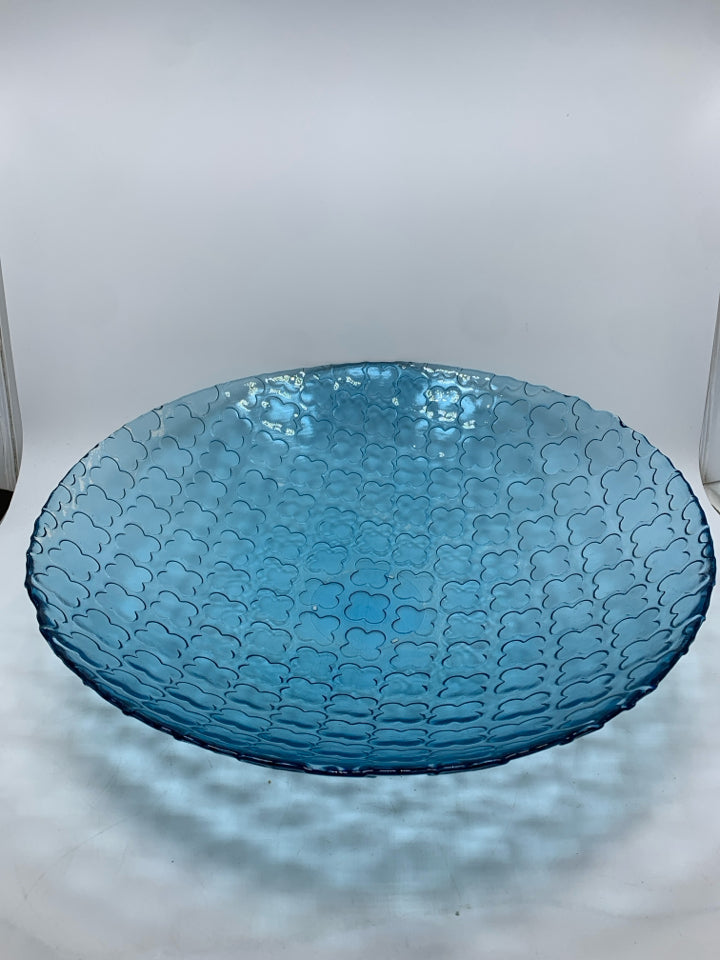 "X" IMPRINTED BLUE GLASS CENTERPIECE BOWL.