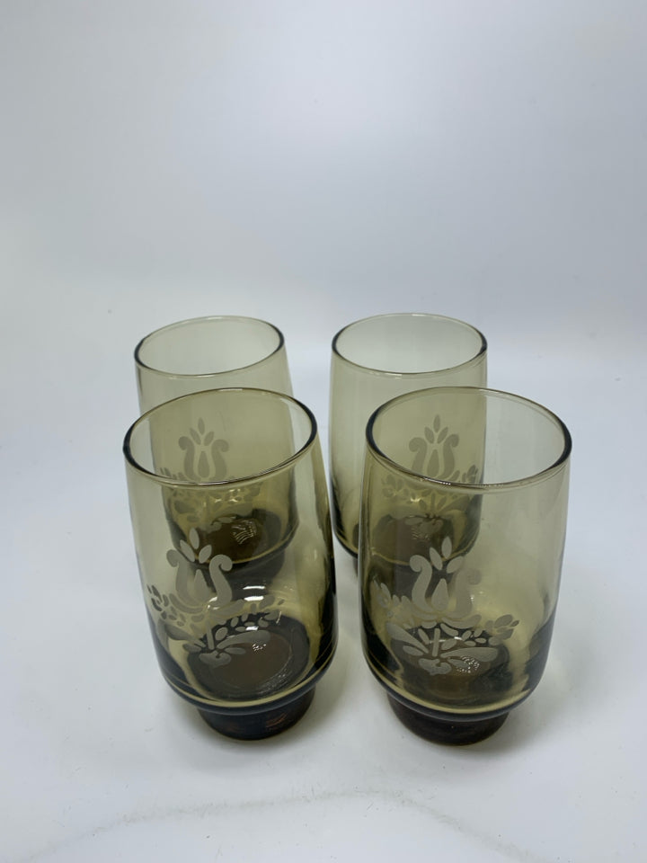 4 VTG FOOTED "VILLAGE" SMOKEY BROWN GLASSES.