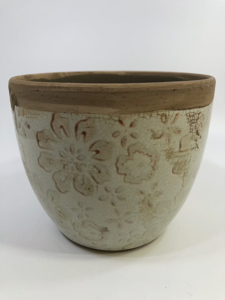 CREAM CRACKLE PLANTER W/FLOWER PATTERN BROWN EDGE.
