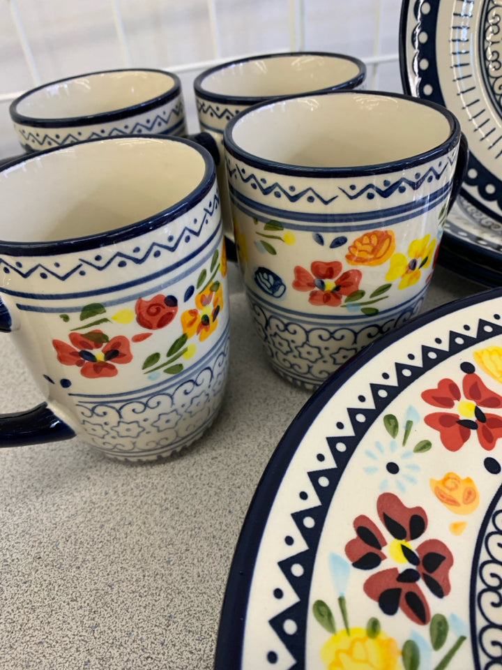 12 PC BLUE PATTERN RED/ORANGE/YELLOW FLORAL ELITE STONEWARE.