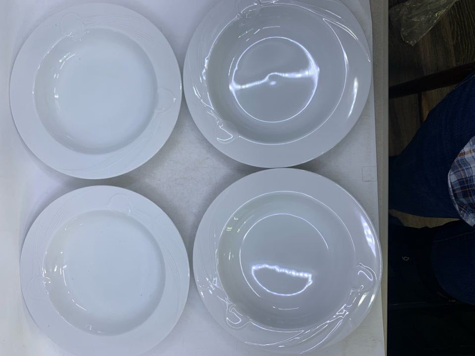 4 WHITE SOUP BOWLS W/ EMBOSSED FLOWER.