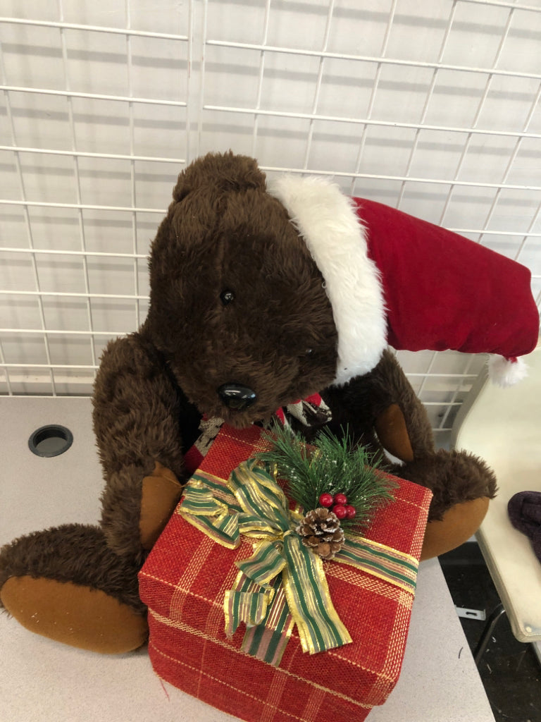 LARGE PLUSH BEAR W/ SANTA HAT & PRESENT.