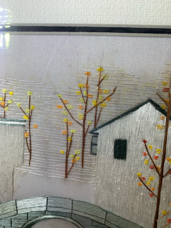 NIP SUZHOU SILK EMBROIDERY BRIDGE W/ BUILDINGS DUCKS AND FALL TREES.