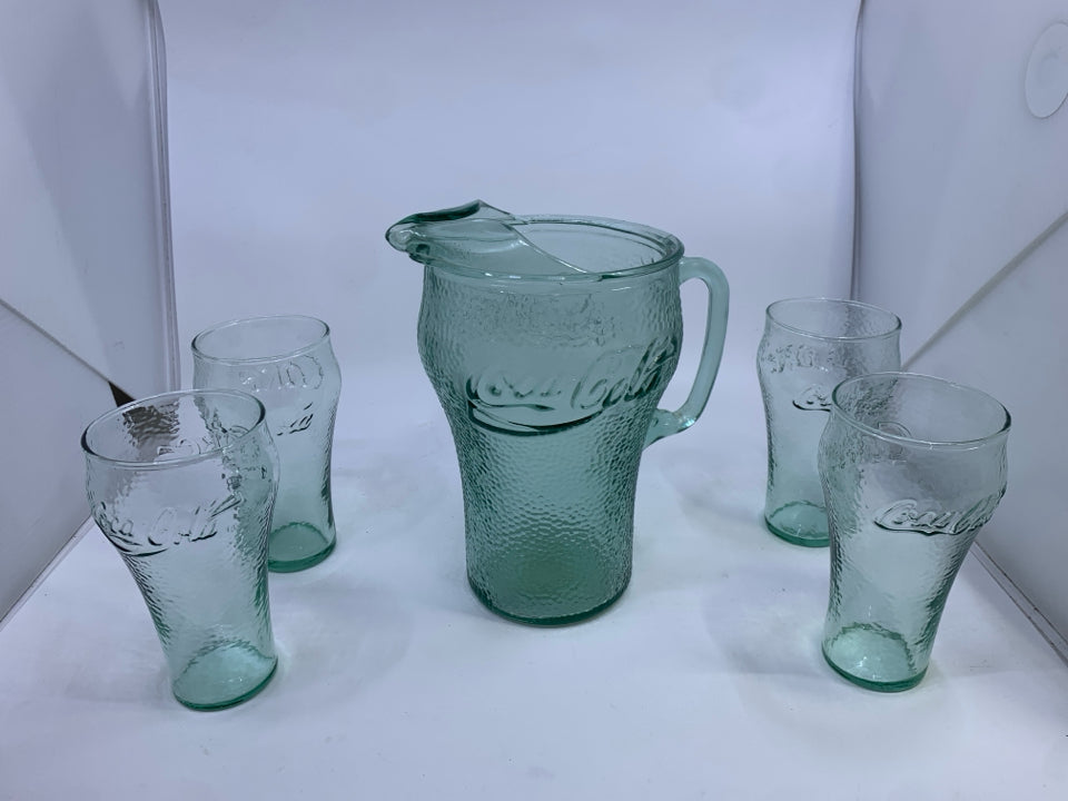5 PC GREEN GLASS COKE GLASSES+ PITCHER.