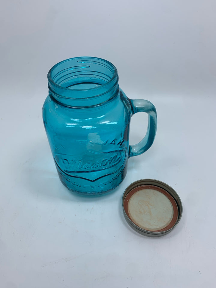 BLUE MASON JAR MUG W/LID.