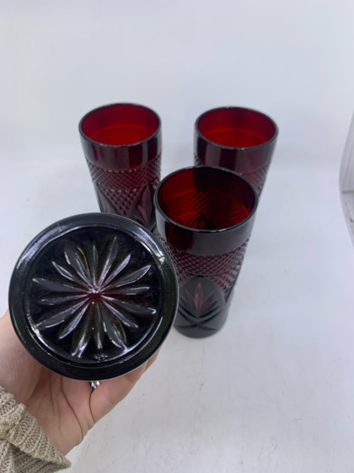 4 CUT GLASS CRANBERRY GLASSES.