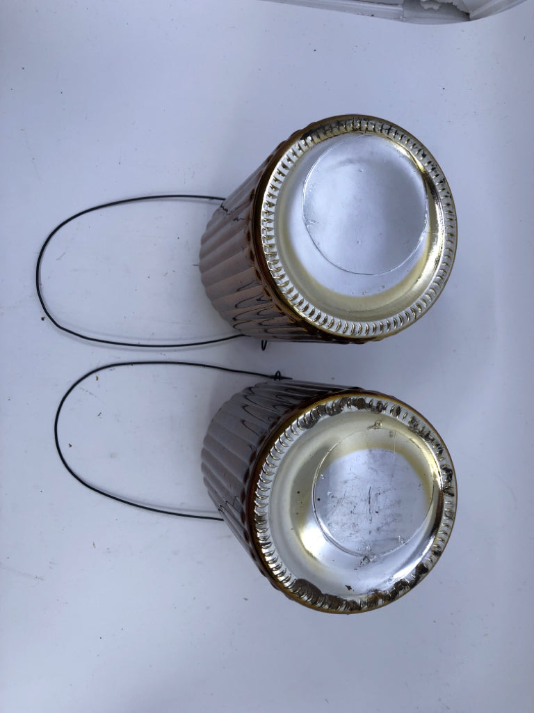 2 TALL GOLDEN MERCURY GLASS CANDLE HOLDER W/WIRE HANDLE.