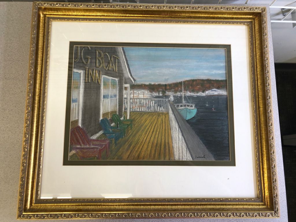 DOCK AND BOAT PAINTING IN GOLD FRAME.