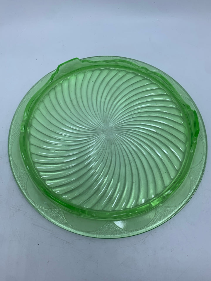VTG GREEN URANIUM GLASS CAKE PLATE.