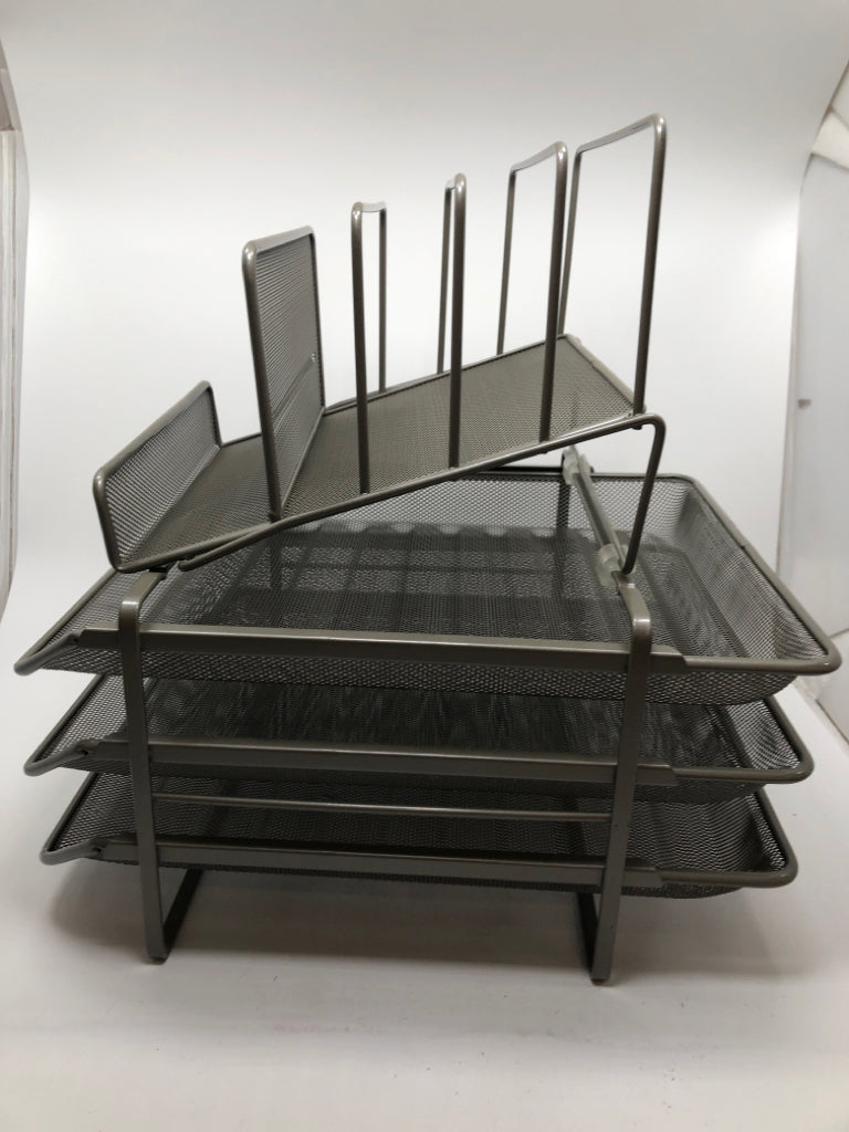 3-DRAWER GRAY METAL DESK ORGANIZER W/ VERTICAL PAPER HOLDER.