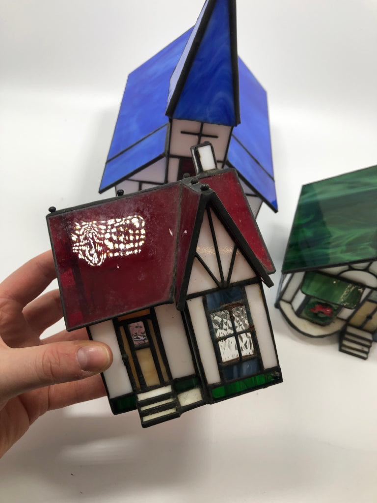 3 PC STAINED GLASS TEA LIGHT CANDLE COVERS-CHURCH, RED ROOF, GREEN ROOF.