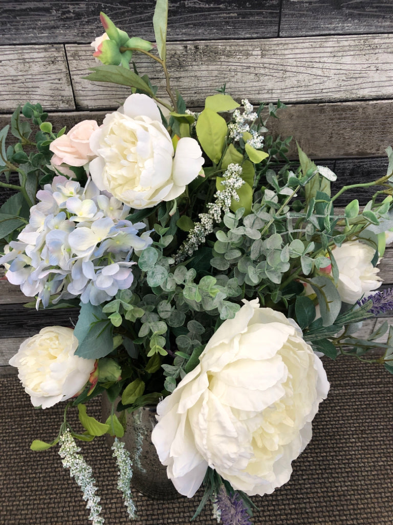 SILVER MERCURY GLASS VASE WITH PEONIES FLORAL ARRANGEMENT.