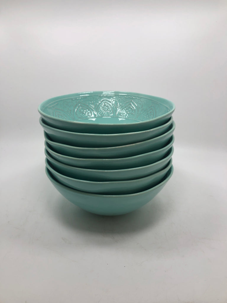 7 TEAL FLORAL EMBOSSED BOWLS.