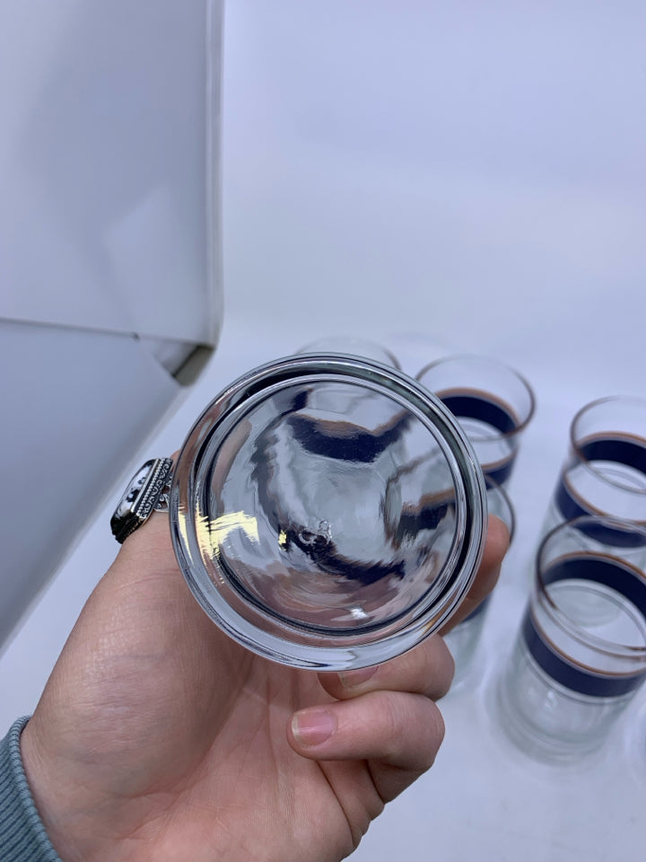 8 VTG NAVY STRIPE GLASS TUMBLERS.