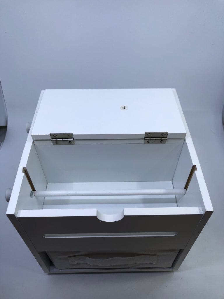 WHITE ORGANIZATION SPINNING CUBE W/ PULL-OUT DRAWER, 2 HOOKS & MAGNET WALL.
