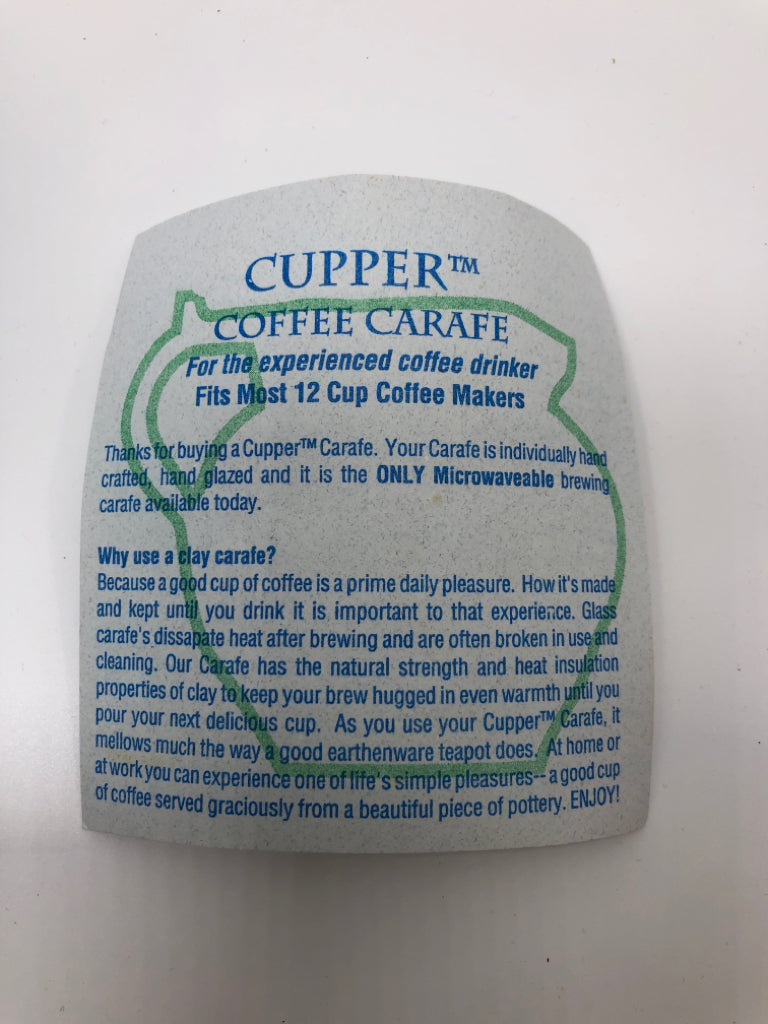 BLUE CERAMIC CUPPER COFFEE CARAFE W/LID.