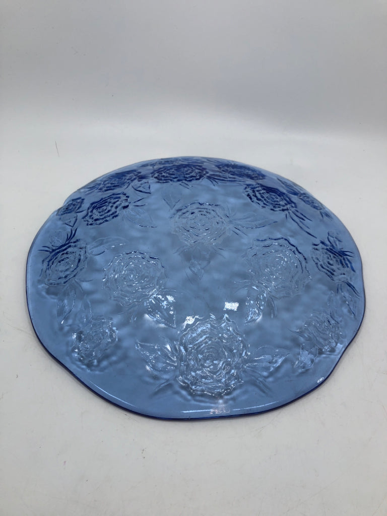 FLOWER STAMPED BLUE GLASS PLATTER.
