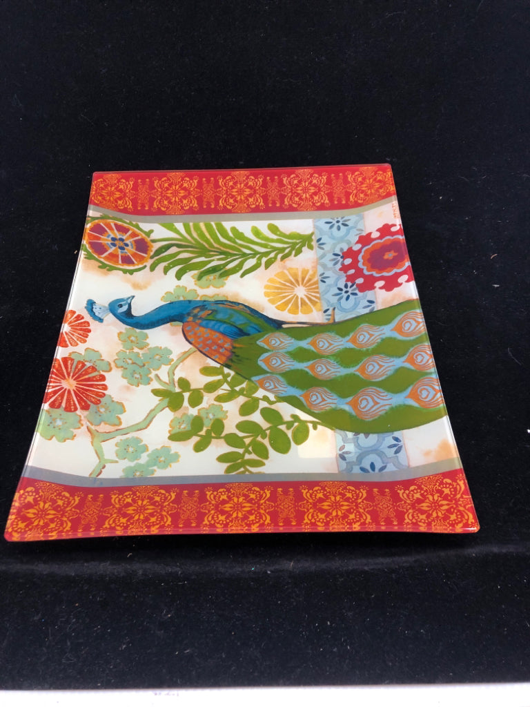 RECTANGLE PEACOCK GLASS PLATTER.