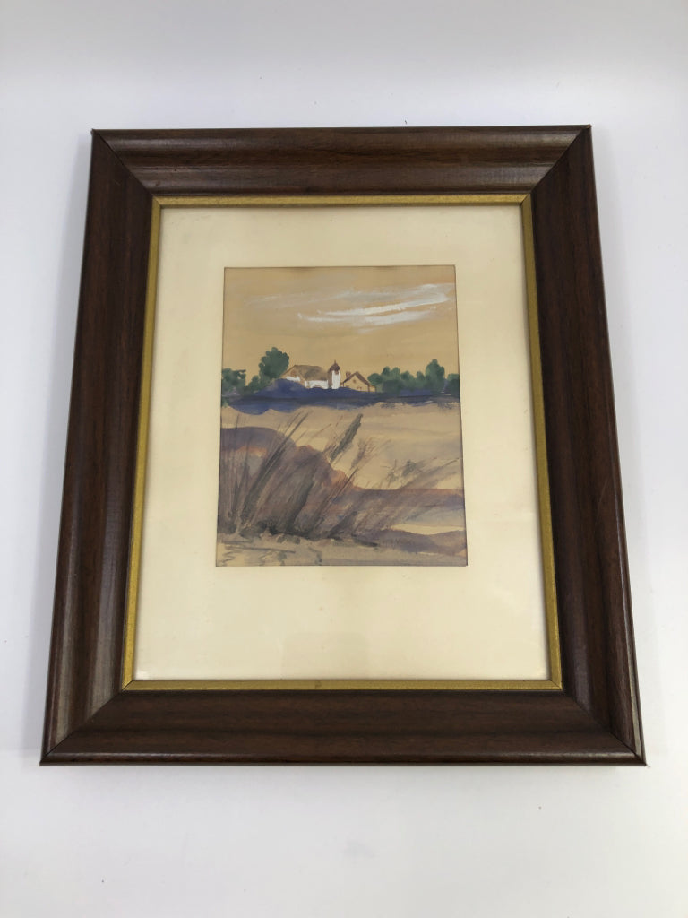 MARSH WATERCOLOR IN BROWN FRAME.
