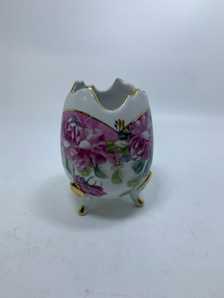 PINK FLORAL FOOTED EGG SHAPED VASE UNEVEN EDGE.